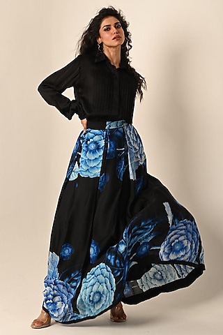 Black Satin Organza Digital Printed Skirt Set by Isadaa by Rotna Dutt