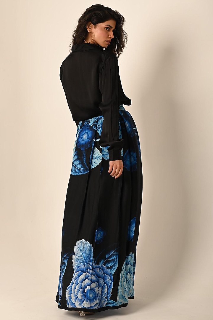 Black Satin Organza Digital Printed Skirt Set by Isadaa by Rotna Dutt at Pernia's Pop Up Shop