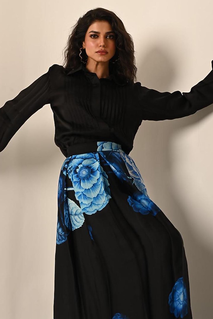 Black Satin Organza Digital Printed Skirt Set by Isadaa by Rotna Dutt at Pernia's Pop Up Shop