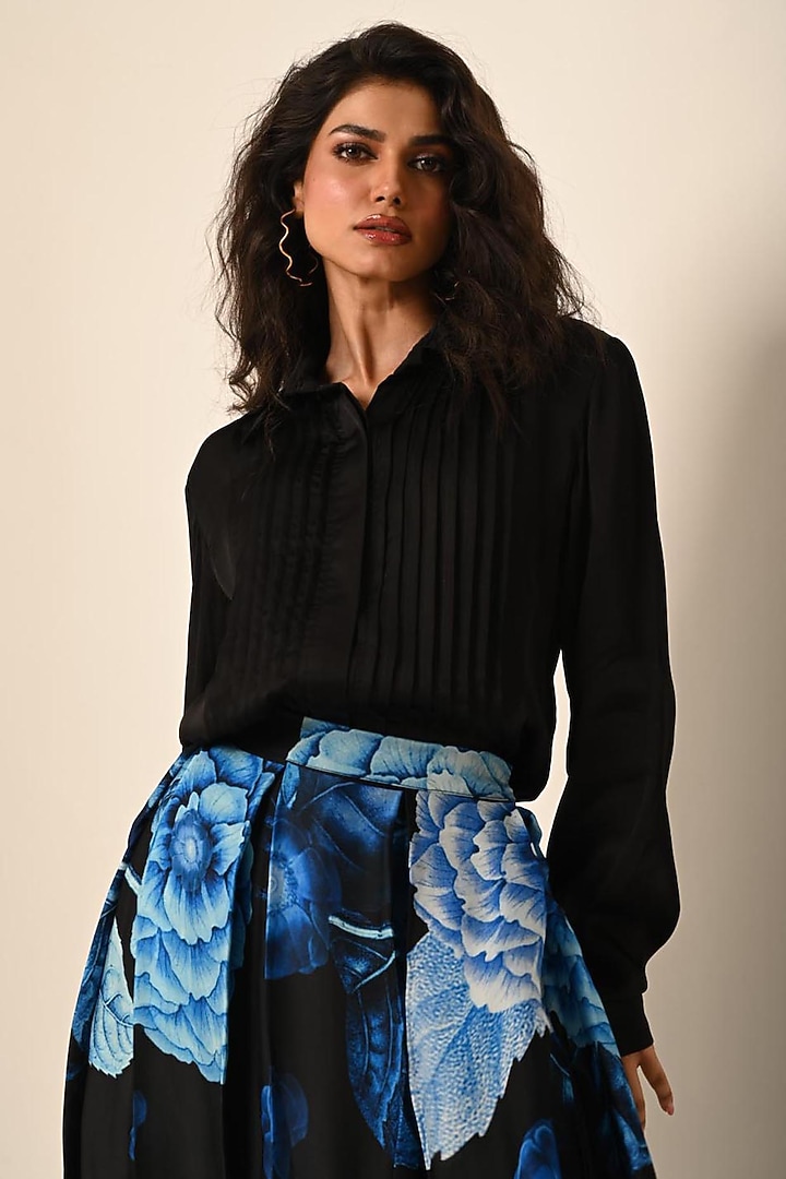 Black Satin Organza Digital Printed Skirt Set by Isadaa by Rotna Dutt at Pernia's Pop Up Shop