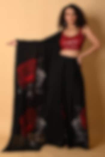 Black Satin Georgette Digital Printed Wedding Lehenga Set by Isadaa by Rotna Dutt at Pernia's Pop Up Shop