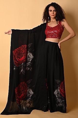Black Satin Georgette Digital Printed Lehenga Set by Isadaa by Rotna Dutt