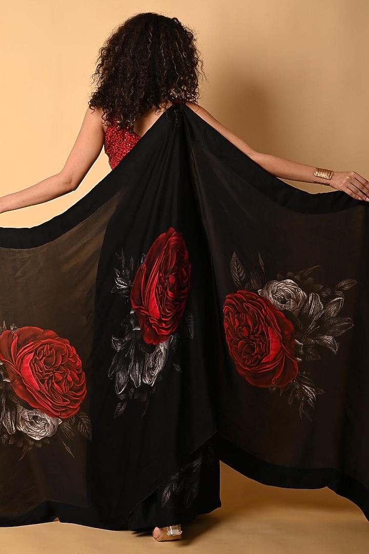 Black Satin Georgette Digital Printed Wedding Lehenga Set by Isadaa by Rotna Dutt at Pernia's Pop Up Shop