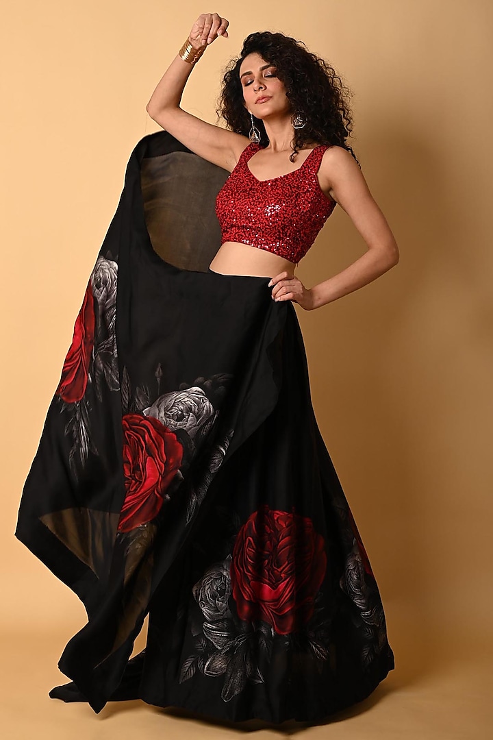 Black Satin Georgette Digital Printed Wedding Lehenga Set by Isadaa by Rotna Dutt at Pernia's Pop Up Shop