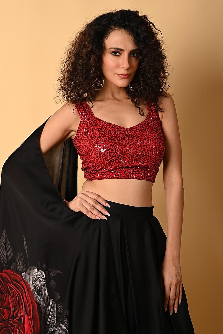 Black Satin Georgette Digital Printed Wedding Lehenga Set by Isadaa by Rotna Dutt at Pernia's Pop Up Shop