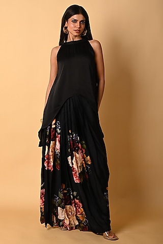 Black Satin Georgette Digital Printed Skirt Set by Isadaa by Rotna Dutt