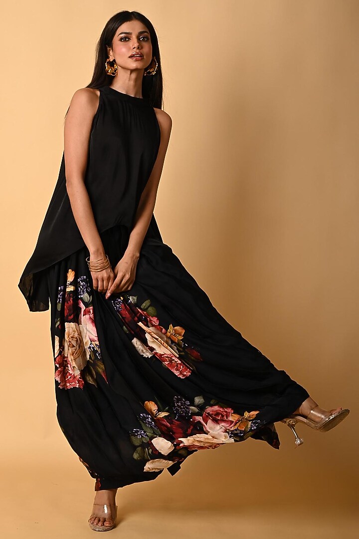 Black Satin Georgette Digital Printed Skirt Set by Isadaa by Rotna Dutt at Pernia's Pop Up Shop