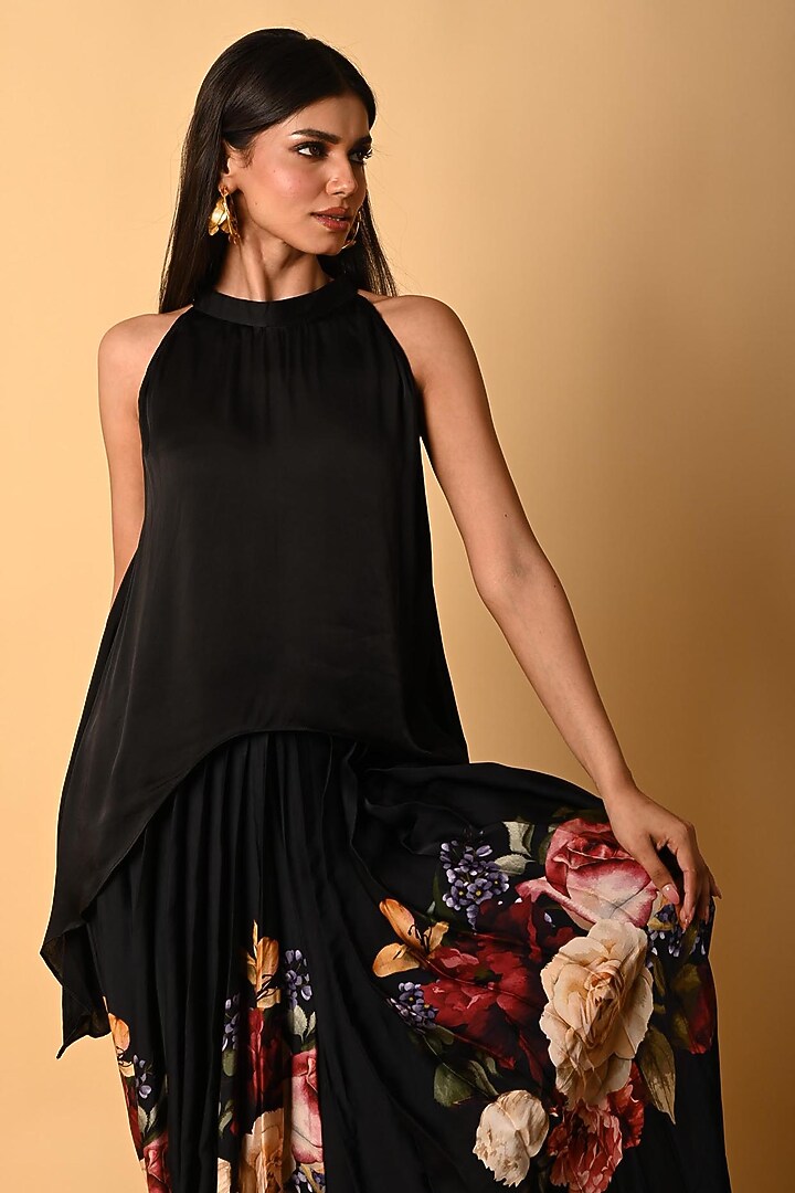 Black Satin Georgette Digital Printed Skirt Set by Isadaa by Rotna Dutt at Pernia's Pop Up Shop