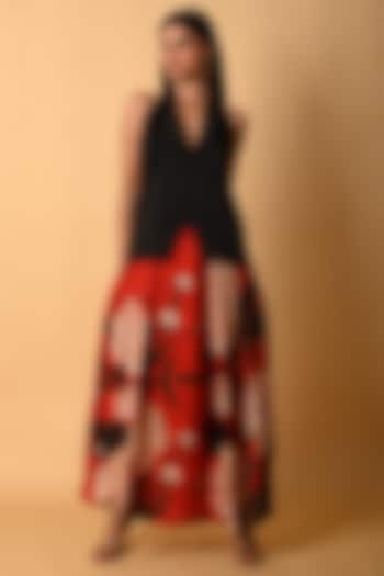 Red Satin Georgette Digital Printed Skirt Set by Isadaa by Rotna Dutt at Pernia's Pop Up Shop