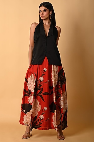 Red Satin Georgette Digital Printed Skirt Set by Isadaa by Rotna Dutt