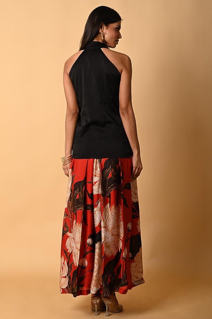 Red Satin Georgette Digital Printed Skirt Set by Isadaa by Rotna Dutt at Pernia's Pop Up Shop