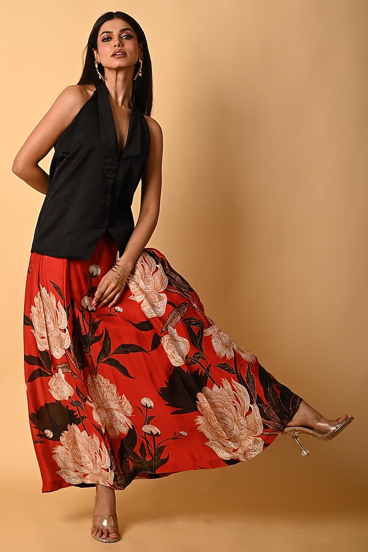 Red Satin Georgette Digital Printed Skirt Set by Isadaa by Rotna Dutt at Pernia's Pop Up Shop