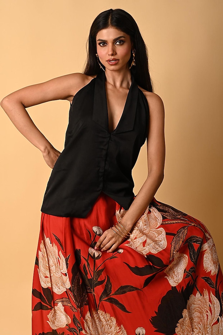 Red Satin Georgette Digital Printed Skirt Set by Isadaa by Rotna Dutt at Pernia's Pop Up Shop