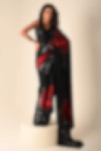 Black Satin Georgette Digital Printed Party Wear Saree Set by Isadaa by Rotna Dutt at Pernia's Pop Up Shop