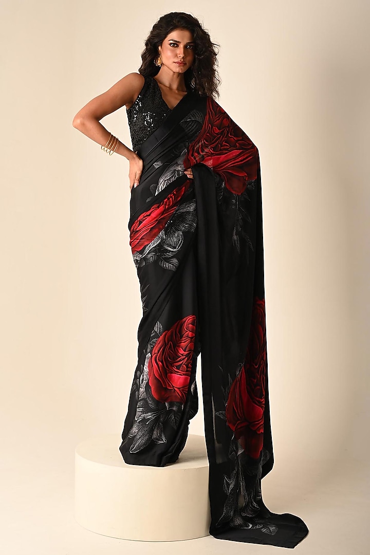 Black Satin Georgette Digital Printed Party Wear Saree Set by Isadaa by Rotna Dutt at Pernia's Pop Up Shop
