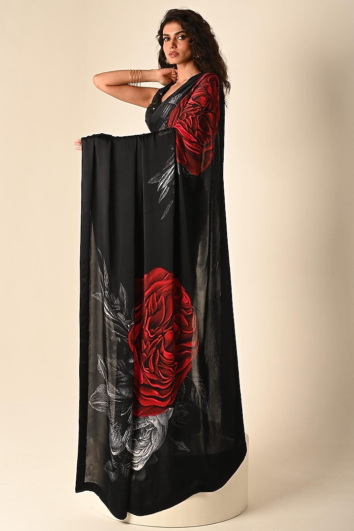 Black Satin Georgette Digital Printed Party Wear Saree Set by Isadaa by Rotna Dutt at Pernia's Pop Up Shop