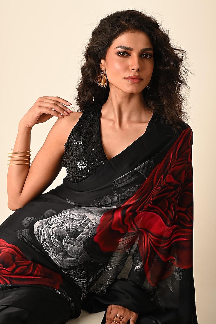 Black Satin Georgette Digital Printed Party Wear Saree Set by Isadaa by Rotna Dutt at Pernia's Pop Up Shop