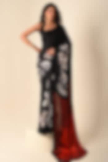 Black Satin Georgette Digital Printed Party Wear Saree Set by Isadaa by Rotna Dutt at Pernia's Pop Up Shop