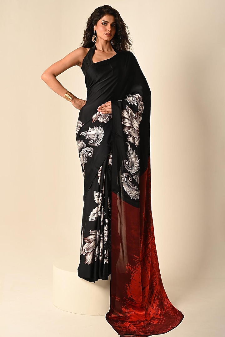 Black Satin Georgette Digital Printed Party Wear Saree Set by Isadaa by Rotna Dutt at Pernia's Pop Up Shop