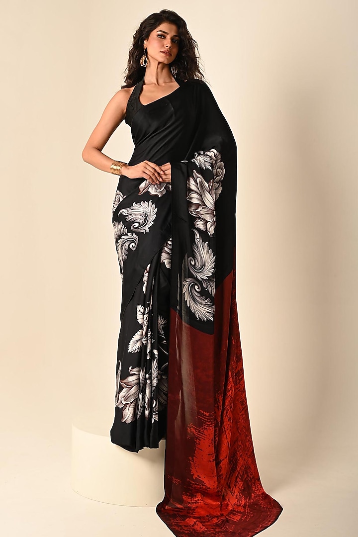 Black Satin Georgette Digital Printed Party Wear Saree Set by Isadaa by Rotna Dutt at Pernia's Pop Up Shop