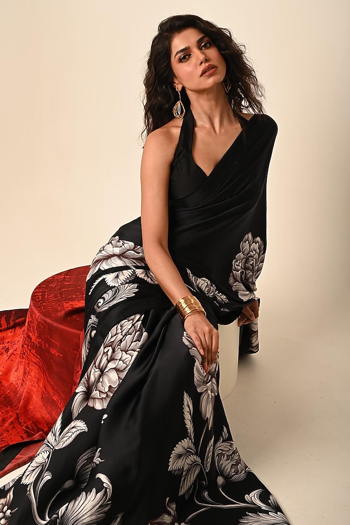 Black Satin Georgette Digital Printed Party Wear Saree Set by Isadaa by ...