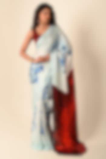 Blue Satin Georgette Digital Printed Party Wear Saree Set by Isadaa by Rotna Dutt at Pernia's Pop Up Shop