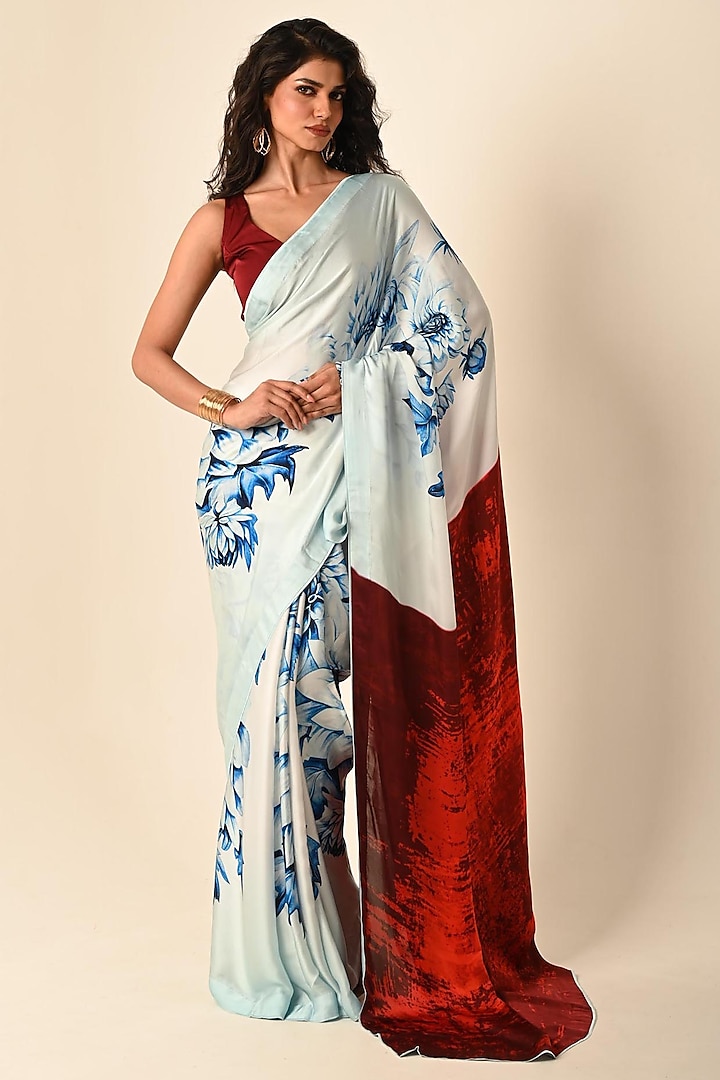 Blue Satin Georgette Digital Printed Party Wear Saree Set by Isadaa by Rotna Dutt at Pernia's Pop Up Shop