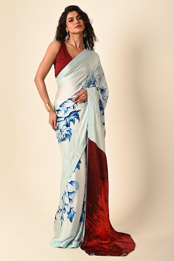 Blue Satin Georgette Digital Printed Party Wear Saree Set by Isadaa by Rotna Dutt at Pernia's Pop Up Shop