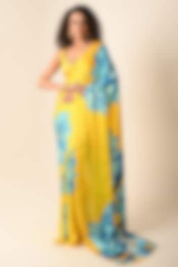 Yellow Satin Georgette Digital Printed Party Wear Saree Set by Isadaa by Rotna Dutt at Pernia's Pop Up Shop