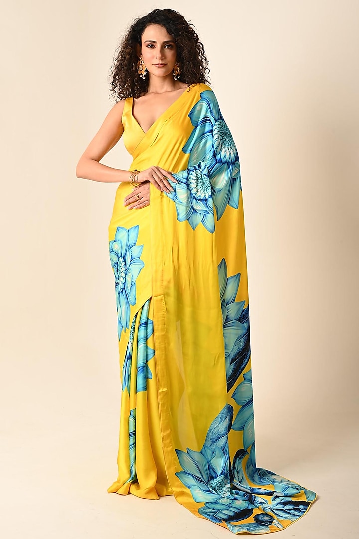 Yellow Satin Georgette Digital Printed Party Wear Saree Set by Isadaa by Rotna Dutt at Pernia's Pop Up Shop