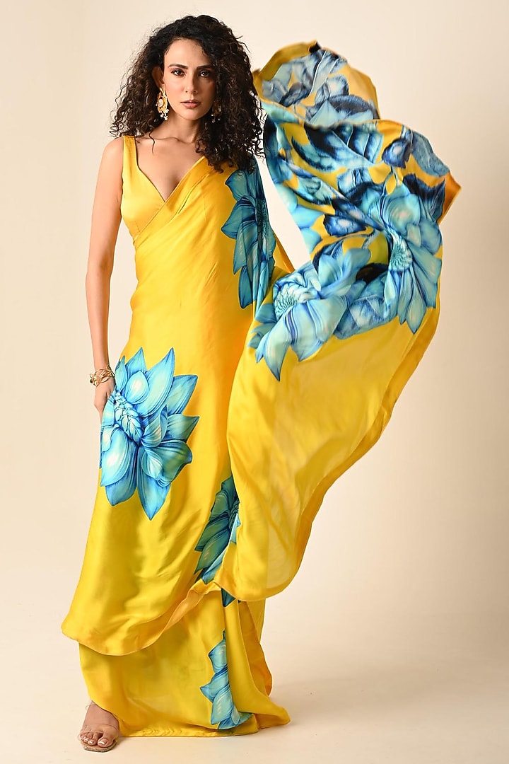 Yellow Satin Georgette Digital Printed Party Wear Saree Set by Isadaa by Rotna Dutt at Pernia's Pop Up Shop