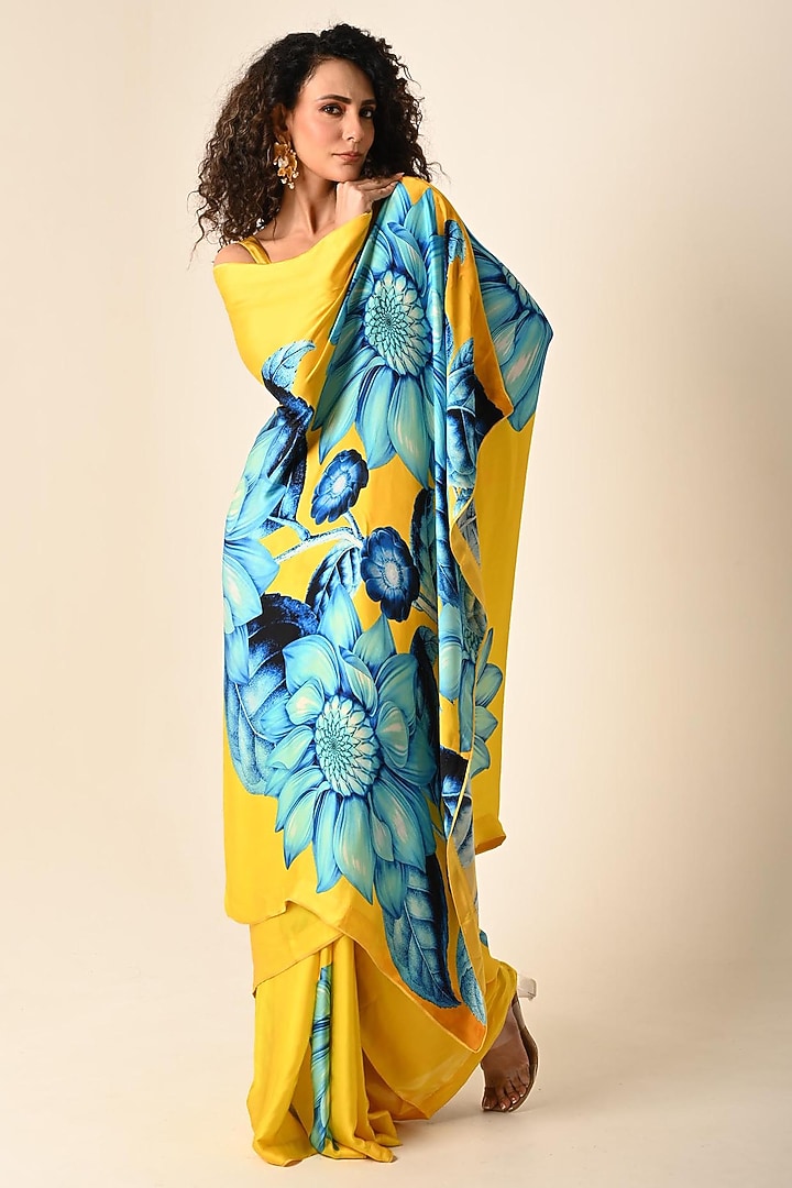 Yellow Satin Georgette Digital Printed Party Wear Saree Set by Isadaa by Rotna Dutt at Pernia's Pop Up Shop
