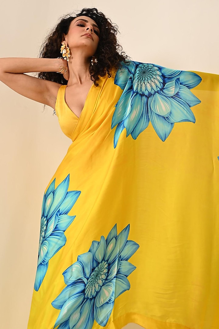 Yellow Satin Georgette Digital Printed Party Wear Saree Set by Isadaa by Rotna Dutt at Pernia's Pop Up Shop