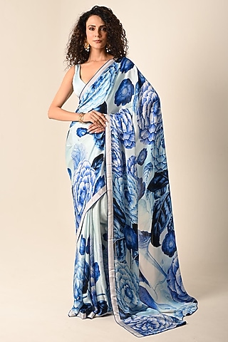 Blue Satin Georgette Digital Printed Saree Set by Isadaa by Rotna Dutt