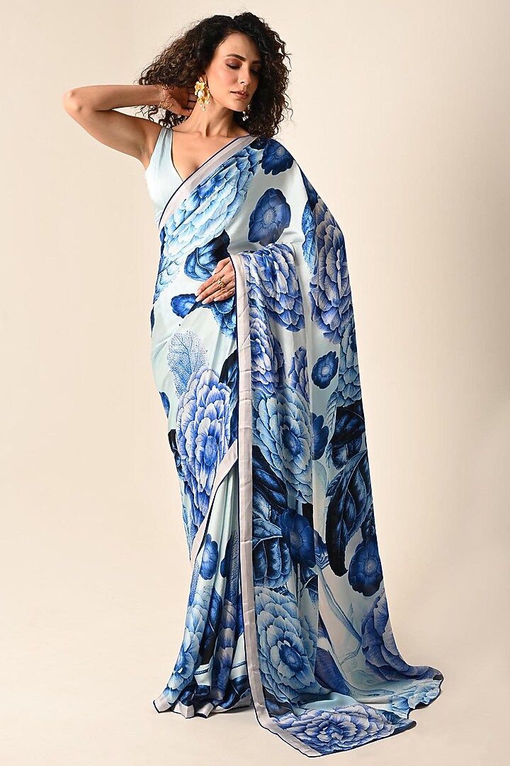 Blue Satin Georgette Digital Printed Party Wear Saree Set by Isadaa by Rotna Dutt at Pernia's Pop Up Shop
