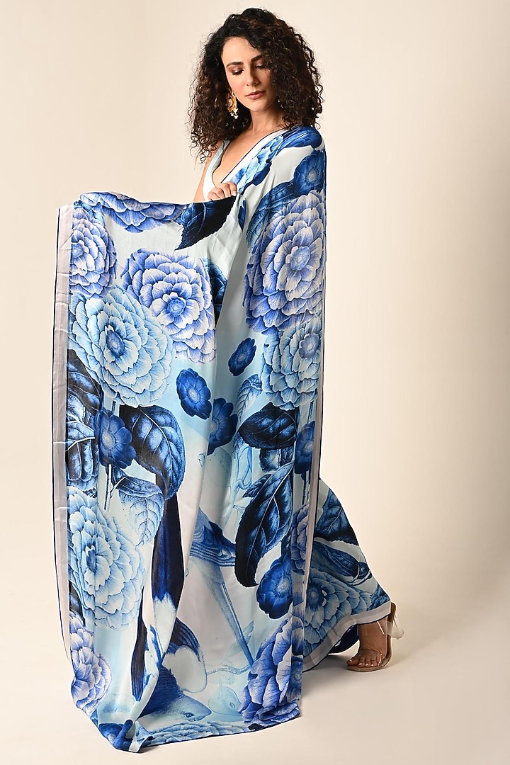 Blue Satin Georgette Digital Printed Party Wear Saree Set by Isadaa by Rotna Dutt at Pernia's Pop Up Shop