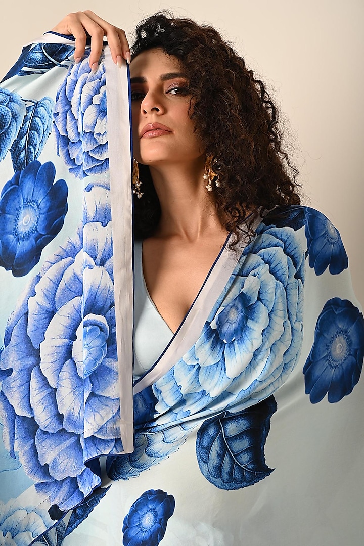 Blue Satin Georgette Digital Printed Party Wear Saree Set by Isadaa by Rotna Dutt at Pernia's Pop Up Shop