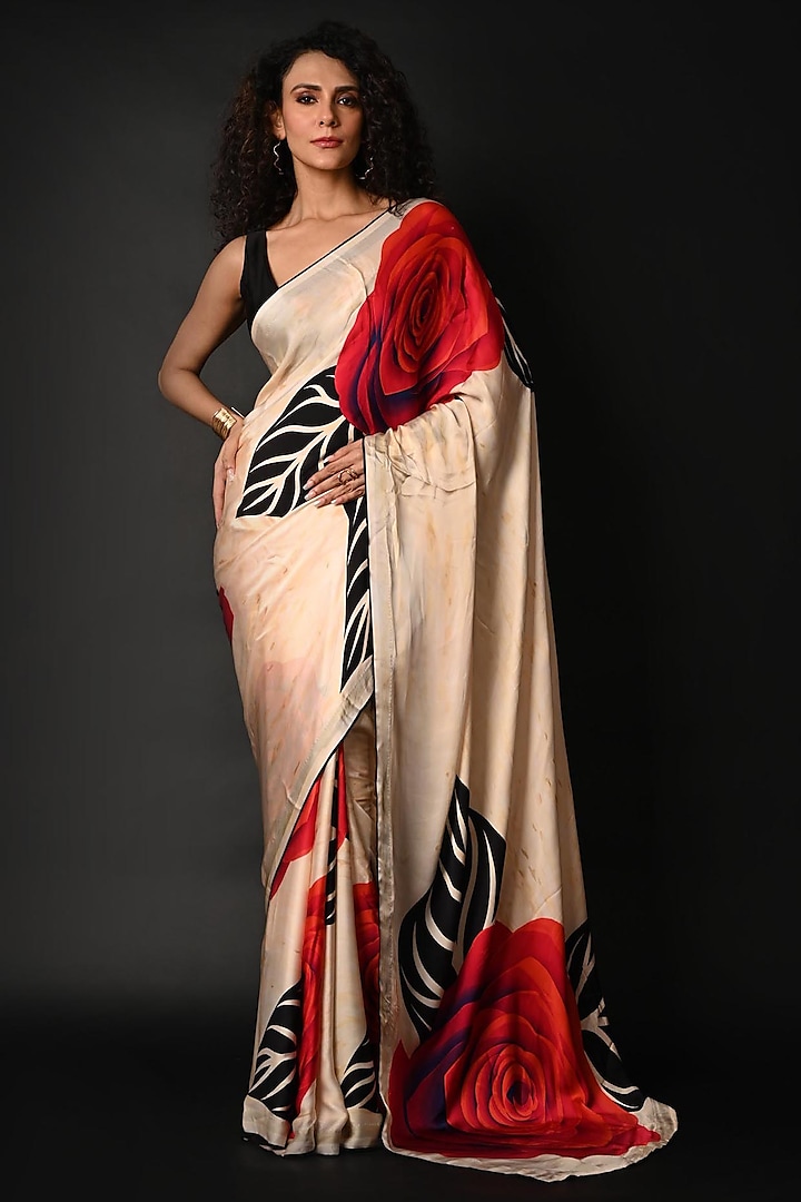 White Satin Georgette Digital Printed Party Wear Saree Set by Isadaa by Rotna Dutt at Pernia's Pop Up Shop