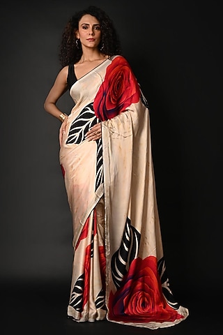 White Satin Georgette Digital Printed Saree Set by Isadaa by Rotna Dutt