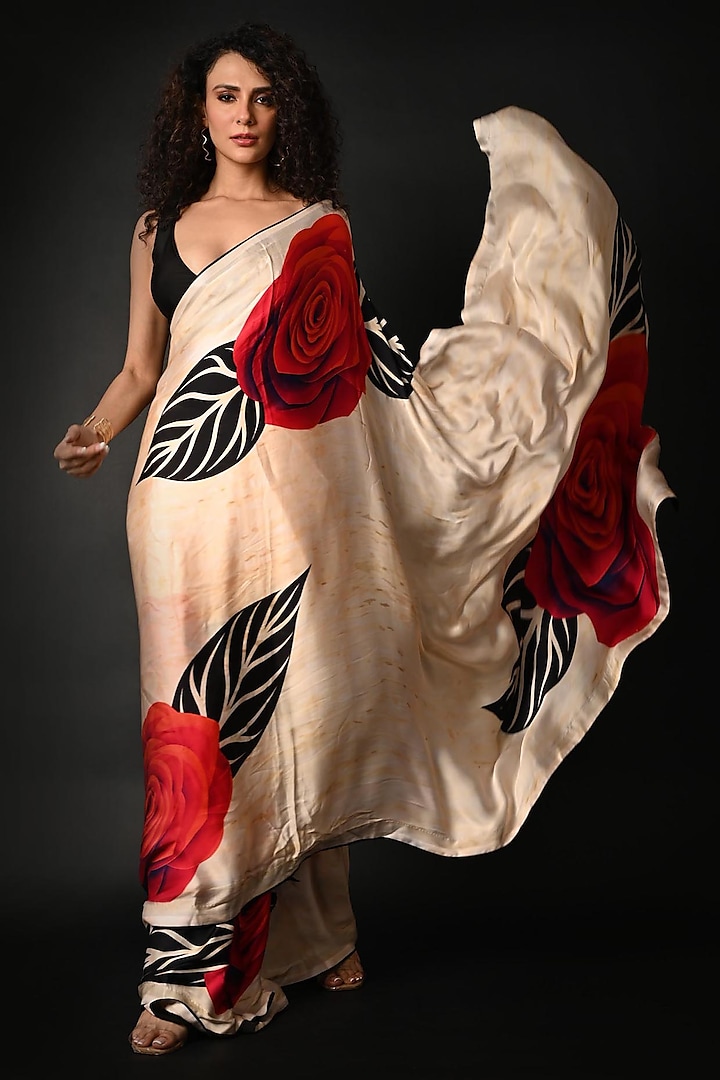 White Satin Georgette Digital Printed Party Wear Saree Set by Isadaa by Rotna Dutt at Pernia's Pop Up Shop