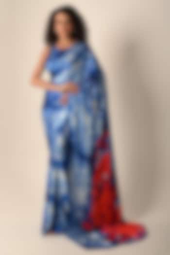 Blue Satin Georgette Digital Printed Party Wear Saree Set by Isadaa by Rotna Dutt at Pernia's Pop Up Shop