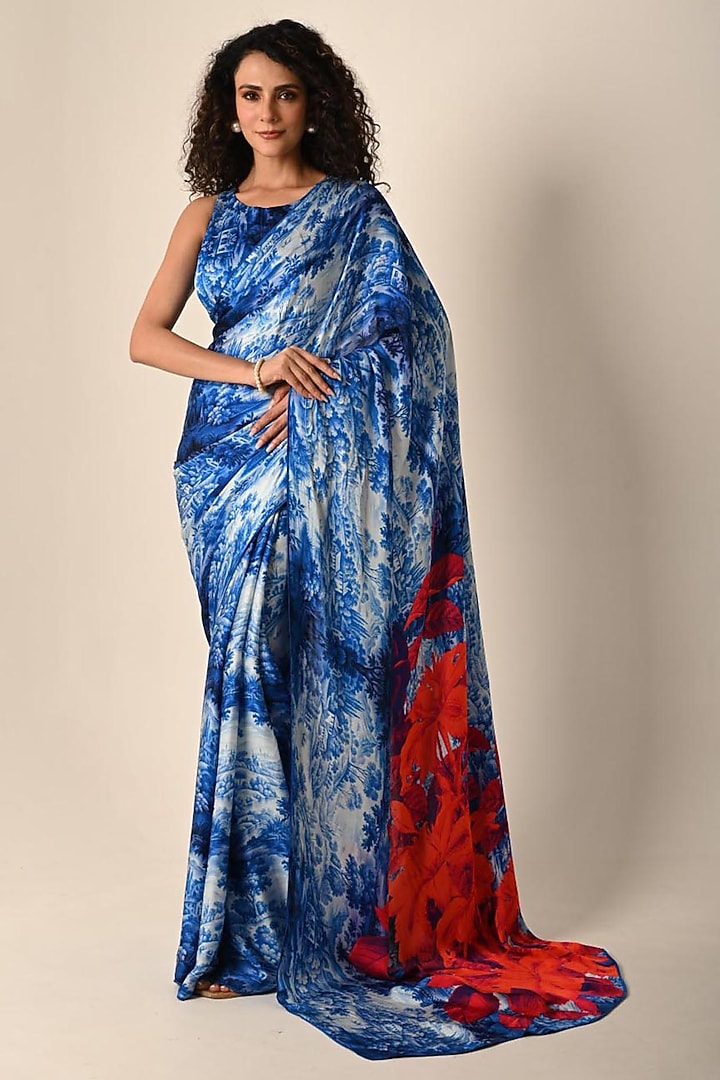 Blue Satin Georgette Digital Printed Party Wear Saree Set by Isadaa by Rotna Dutt at Pernia's Pop Up Shop