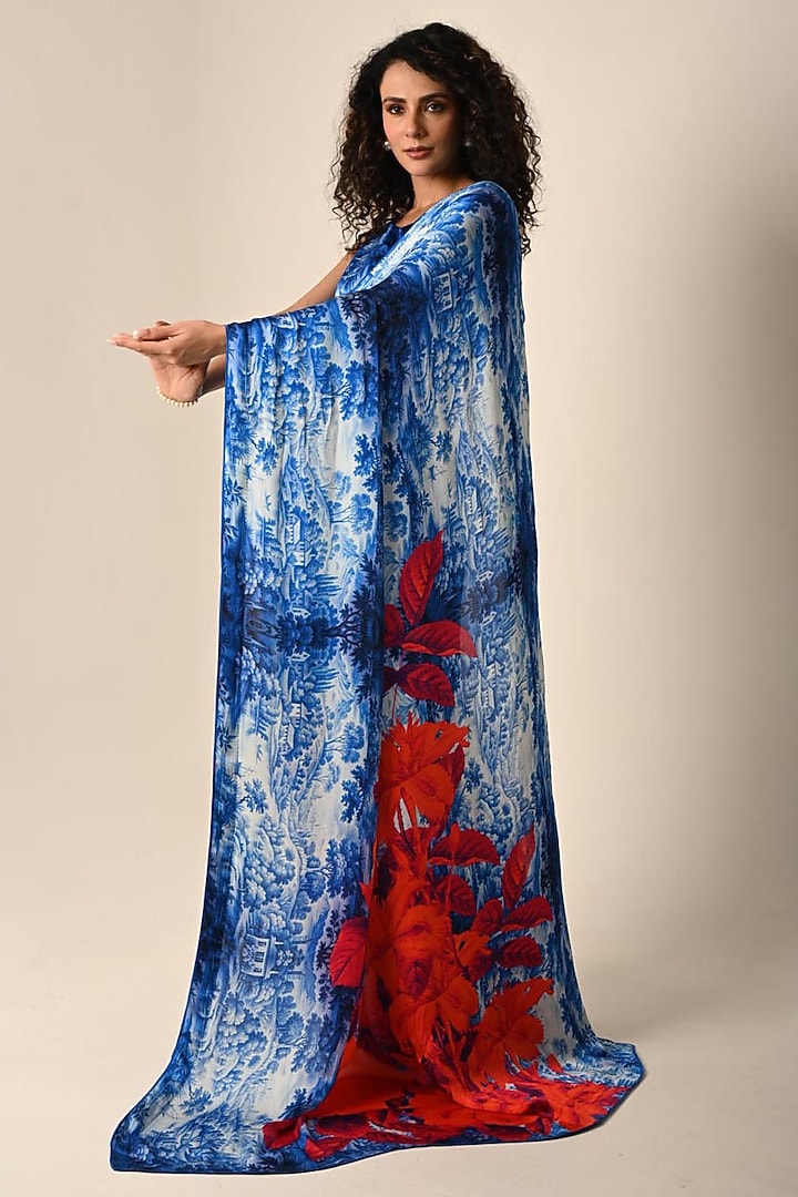 Blue Satin Georgette Digital Printed Party Wear Saree Set by Isadaa by Rotna Dutt at Pernia's Pop Up Shop