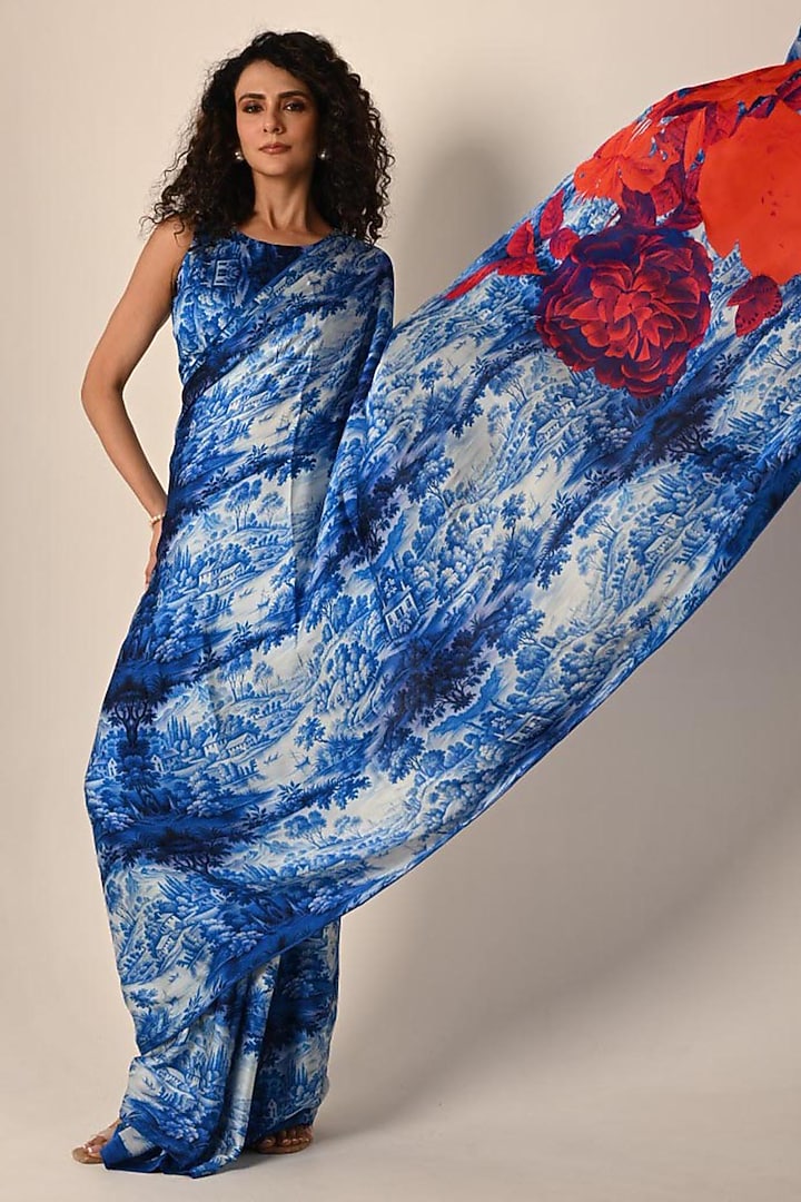 Blue Satin Georgette Digital Printed Party Wear Saree Set by Isadaa by Rotna Dutt at Pernia's Pop Up Shop