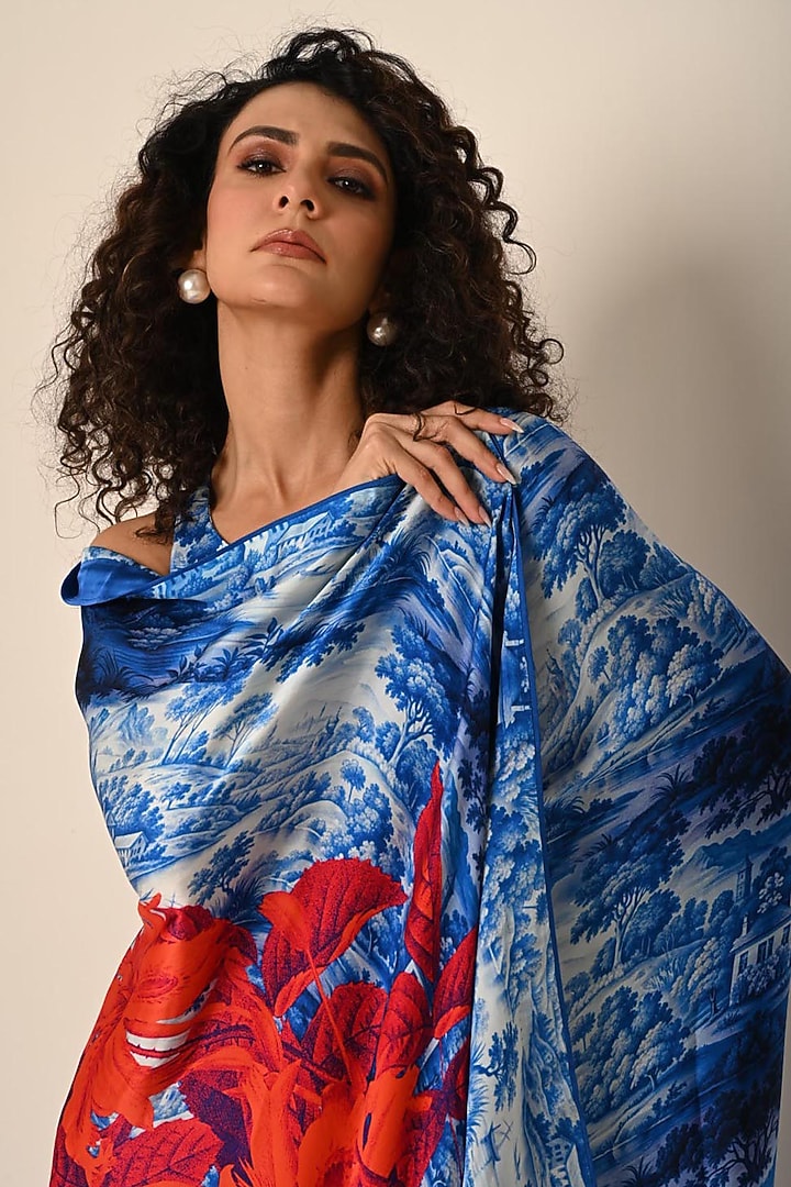 Blue Satin Georgette Digital Printed Party Wear Saree Set by Isadaa by Rotna Dutt at Pernia's Pop Up Shop