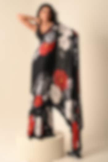 Black Satin Georgette Digital Printed Party Wear Saree Set by Isadaa by Rotna Dutt at Pernia's Pop Up Shop