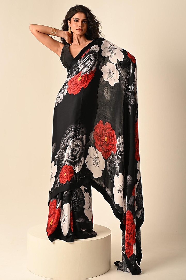 Black Satin Georgette Digital Printed Party Wear Saree Set by Isadaa by Rotna Dutt at Pernia's Pop Up Shop