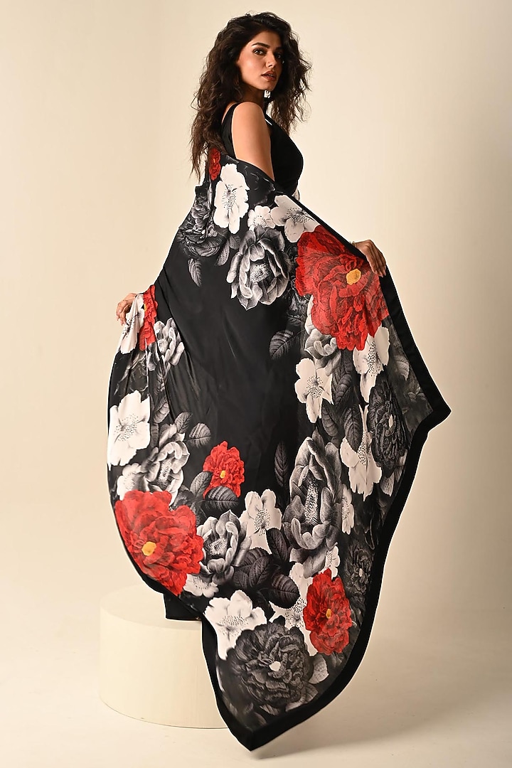 Black Satin Georgette Digital Printed Party Wear Saree Set by Isadaa by Rotna Dutt at Pernia's Pop Up Shop