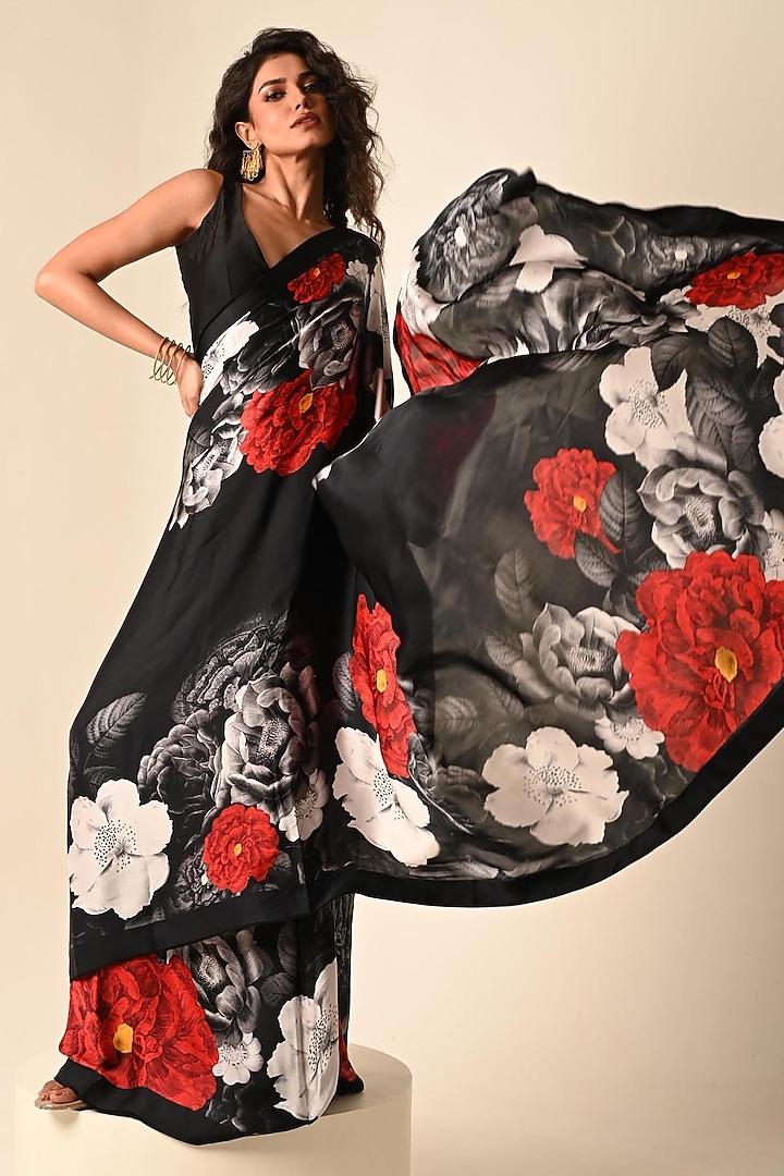 Black Satin Georgette Digital Printed Party Wear Saree Set by Isadaa by Rotna Dutt at Pernia's Pop Up Shop