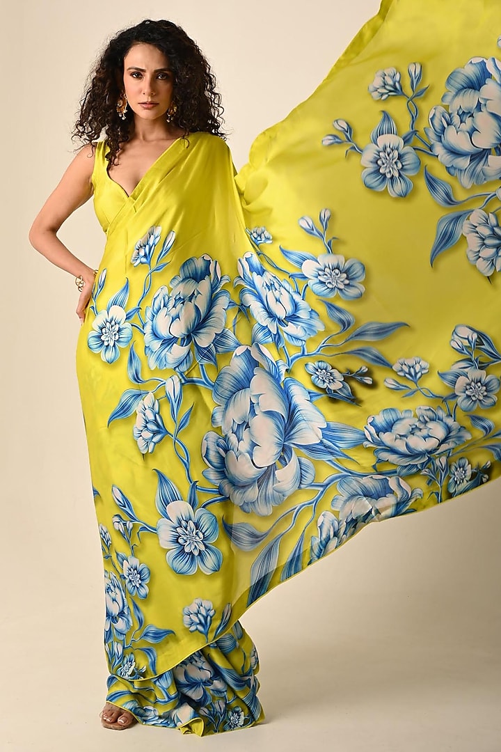 Green Satin Georgette Digital Printed Party Wear Saree Set by Isadaa by Rotna Dutt at Pernia's Pop Up Shop